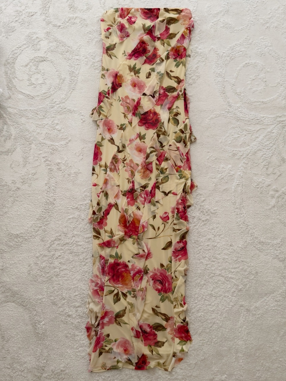 Sincerely Jules Strapless Yellow & Pink Floral Mesh Ruffle Maxi Dress